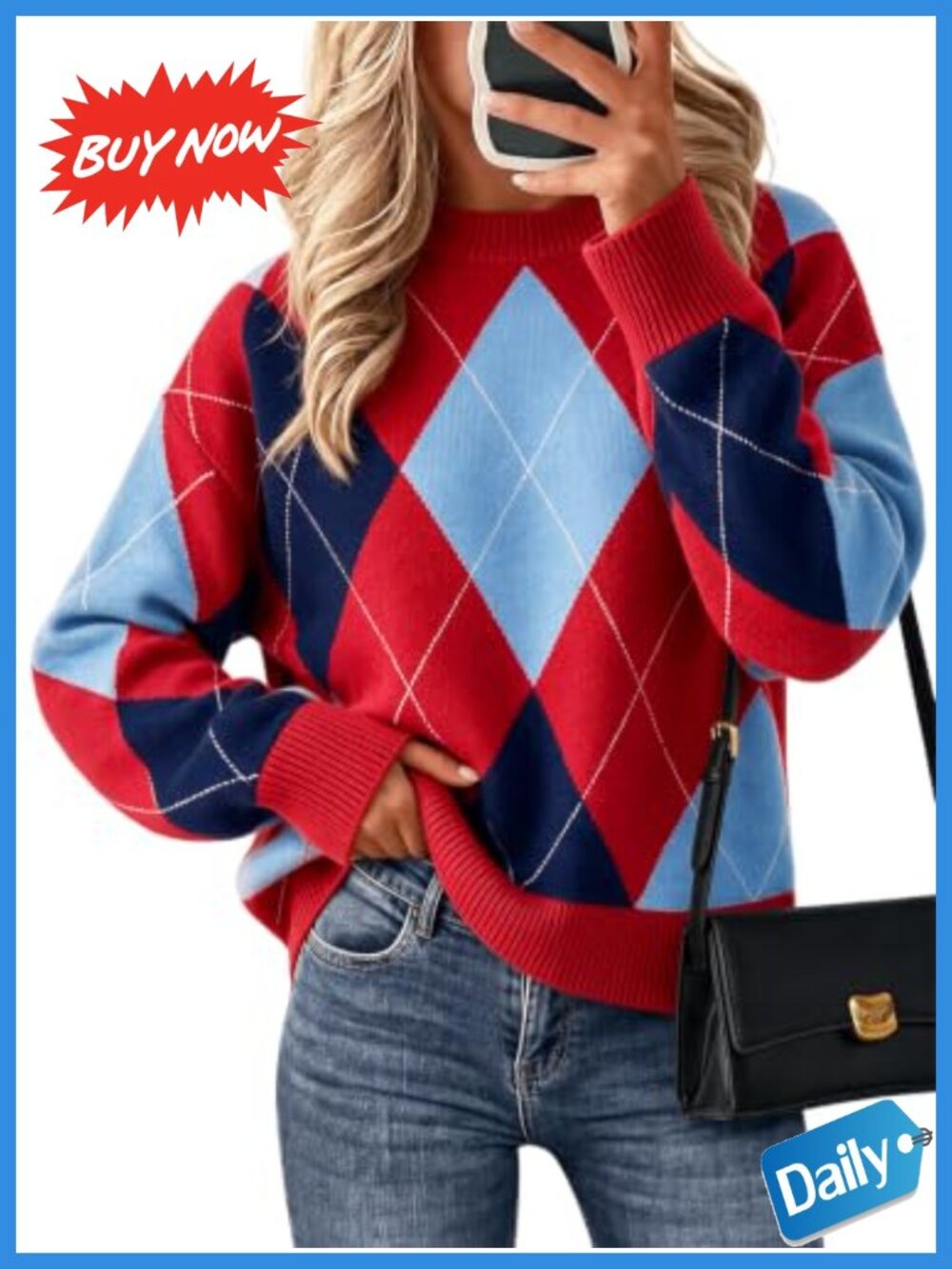 Argyle Plaid Color Block Knit Pullover Sweater Crew Neck Long Sleeve